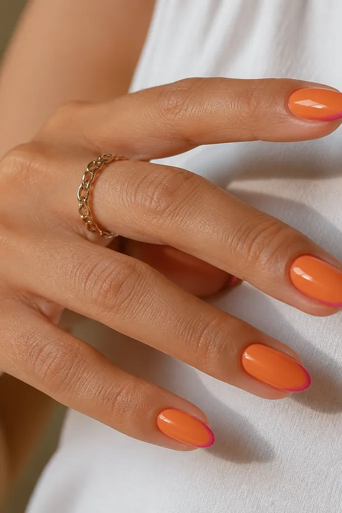 Short almond nails with orange base, hot pink outline around the tip like a thin border, glossy finish.