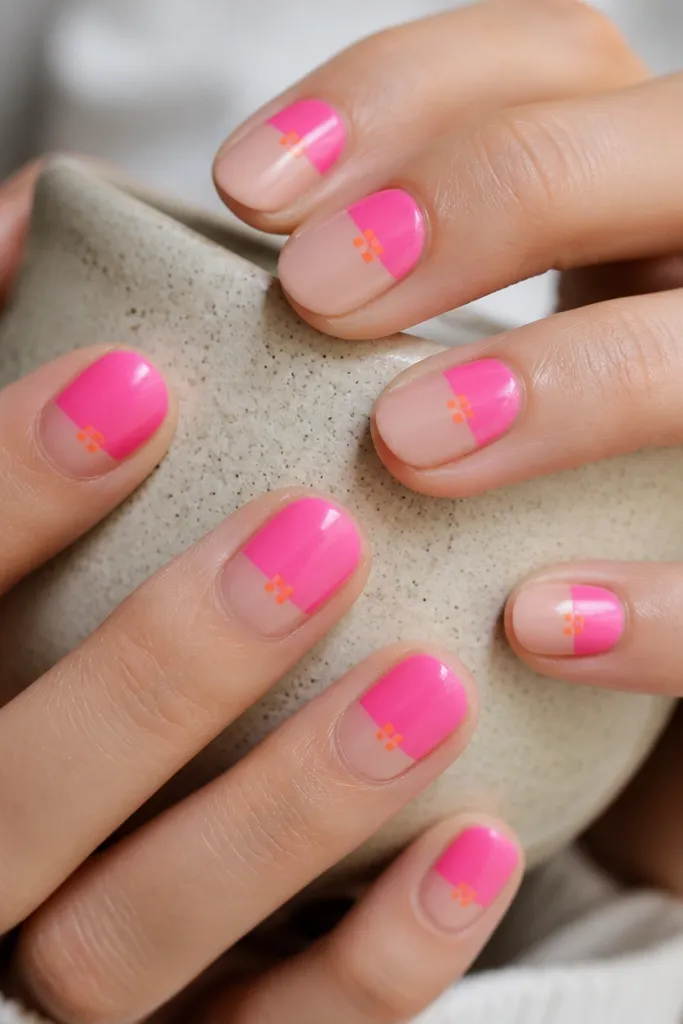 Nails split horizontally with nude bottom half and hot pink top half, plus a tiny orange checkerboard accent near the center.