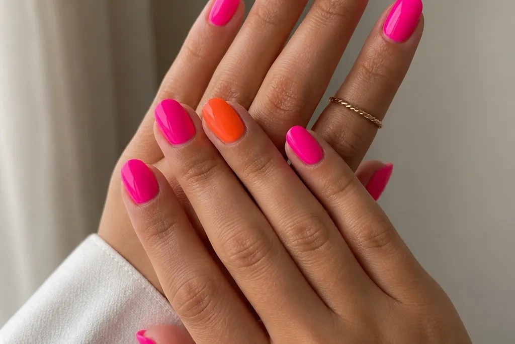Gorgeous Hot Pink And Orange Nails for everyday glam