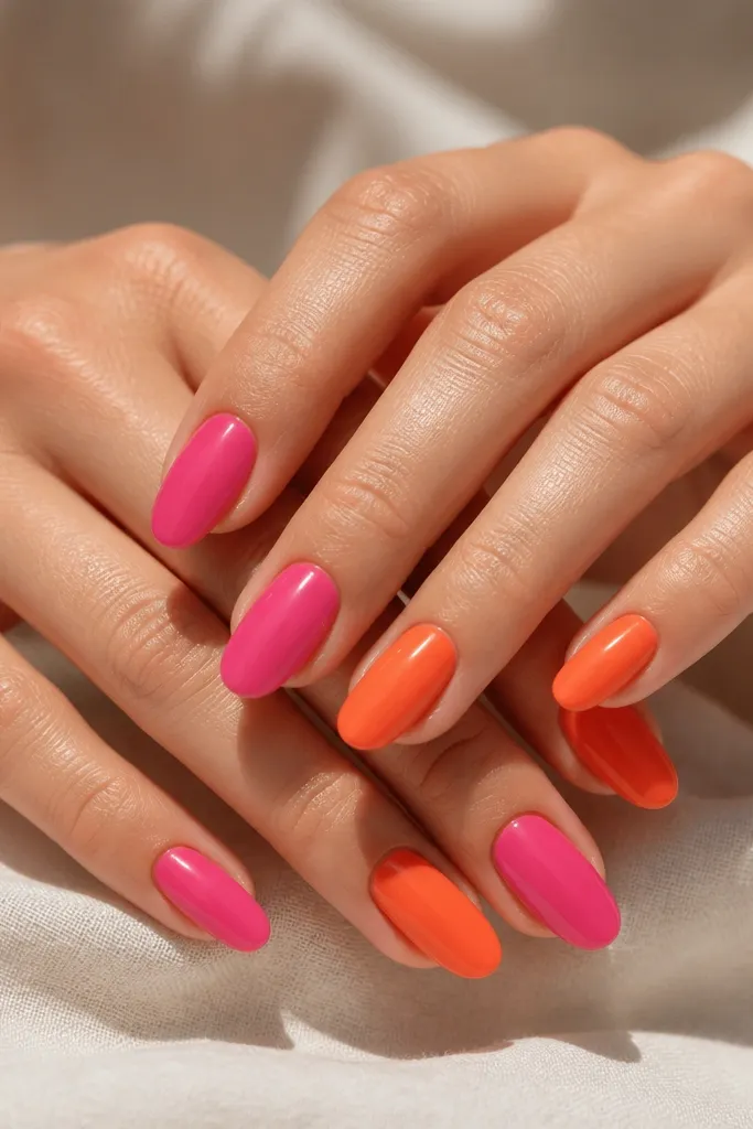 Gorgeous Hot Pink And Orange Nails for everyday glam