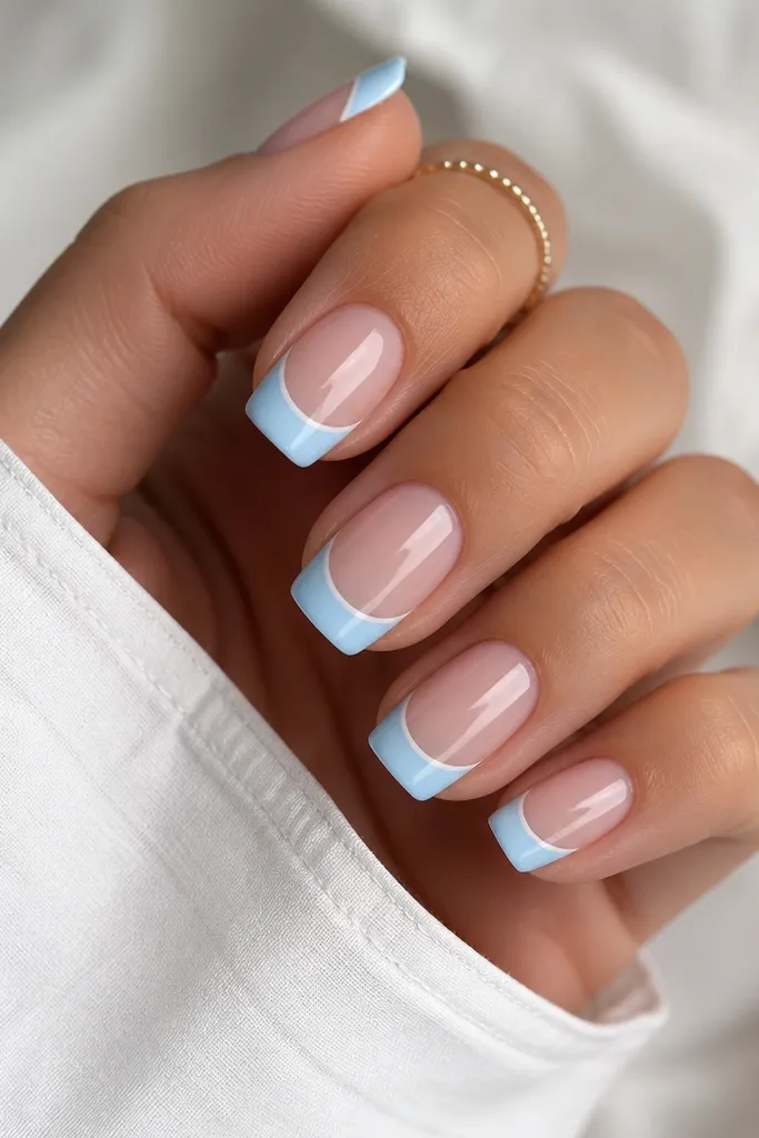 Medium square nails. The French tip is powder blue. At the base of the tip, there's a small white half-moon line following the smile curve, glossy.
