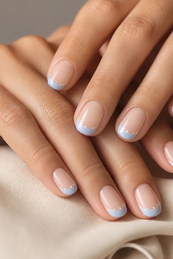 Short oval nails with a milky nude base. Light pastel blue French tips have two tiny white dots near each side of the tip line, glossy.