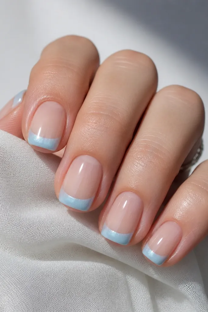 Short square nails with nude base. The tips are light blue matte or semi-matte, and only the tips get a glossy shimmery topcoat layer, creating a bright highlight band.