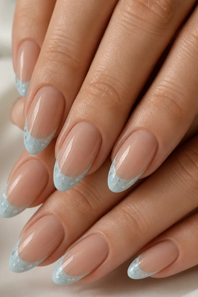 Almond nails with a nude base. Light robin's egg blue French tips have tiny star-shaped specks in white and pale silver scattered lightly near the tip edge, glossy.