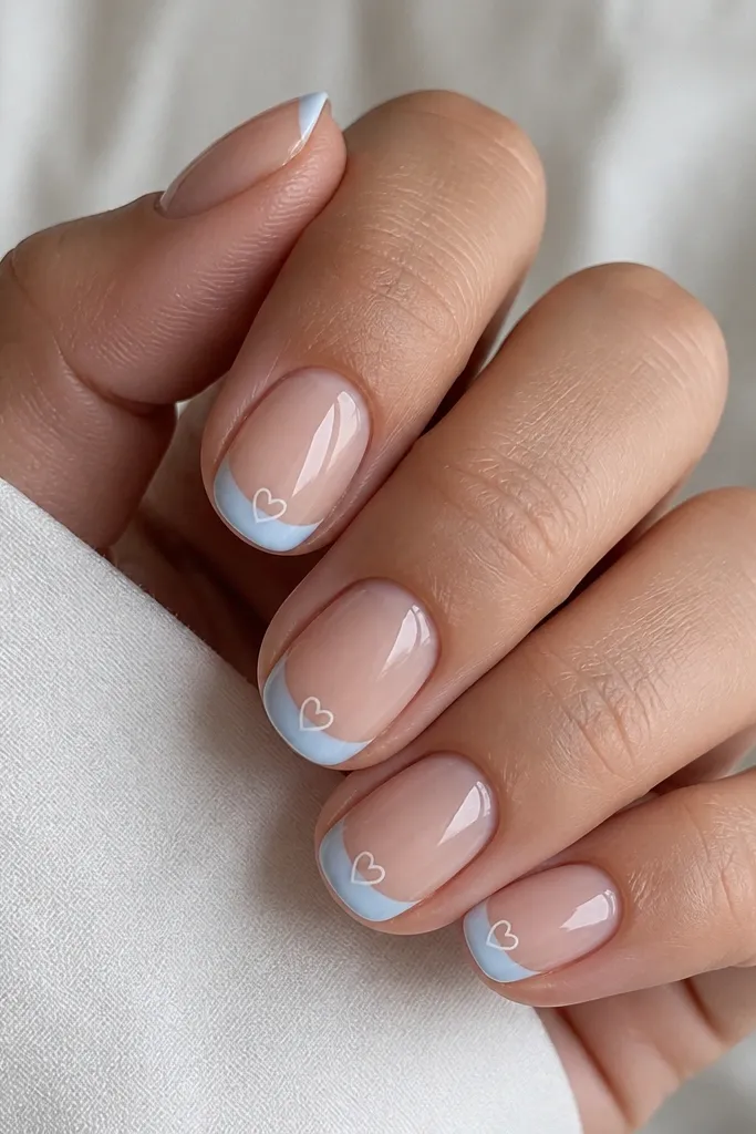 Short oval nails with a nude base. Light powder blue French tips have a tiny white heart outline drawn at the center of the tip line, glossy.