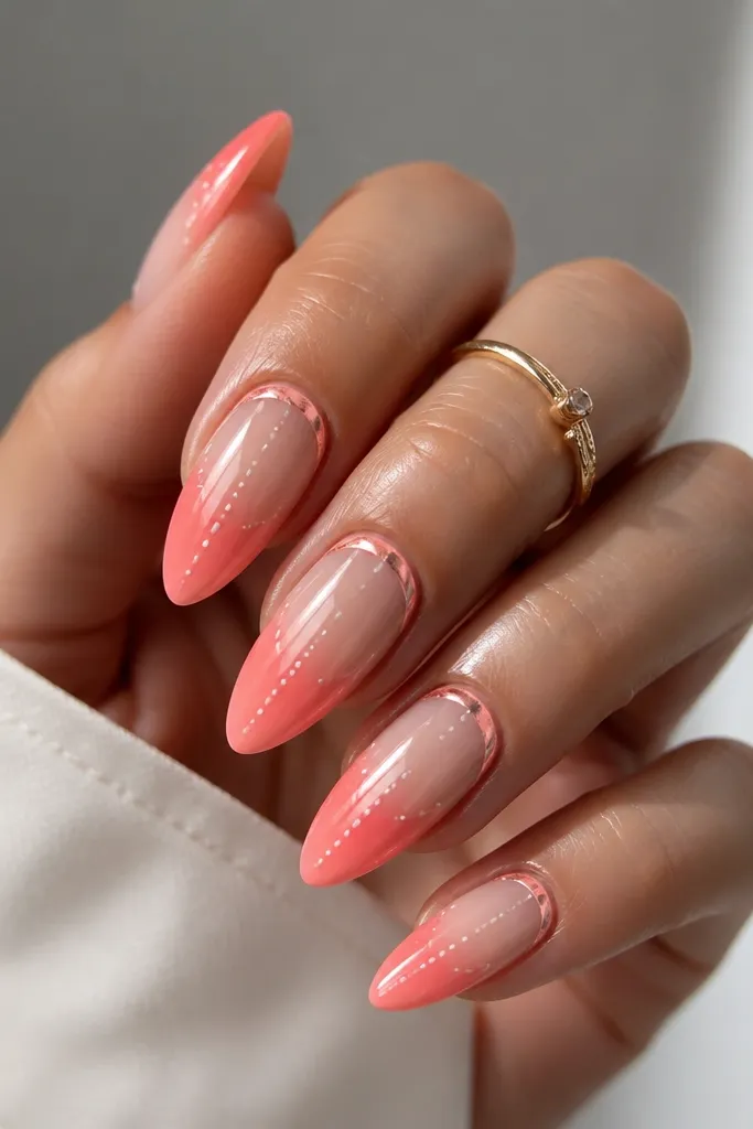 Long almond nails with a soft coral-to-sheer nude fade at the base, a reflective coral chrome band around the cuticle, and tiny white micro dots scattered in a loose vertical line on each nail; glossy top coat, clean almond tips.