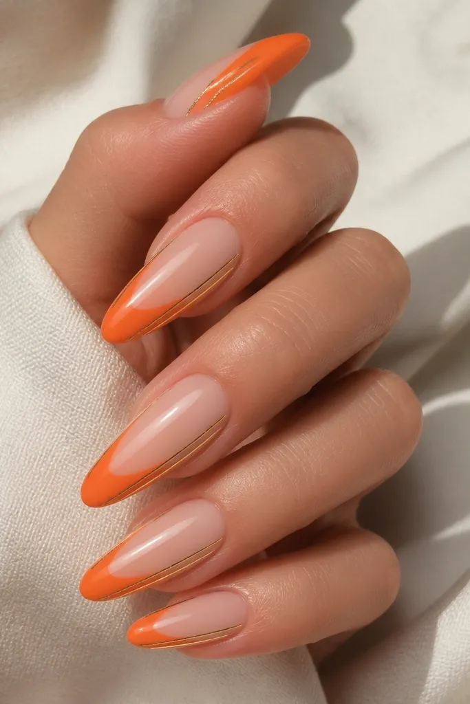 Long almond nails featuring a tangerine French tip with crisp edges, two thin gold lines running down the sidewalls from mid-nail toward the tip, and a sheer pink base; high-gloss finish.
