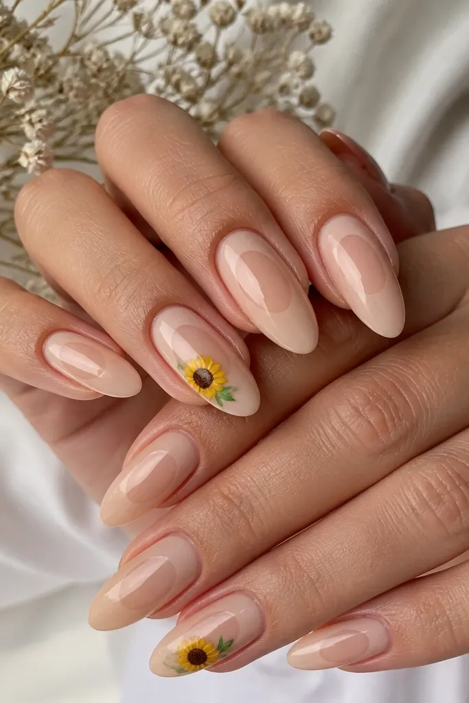 Long almond nails with a nude base and bare negative space in the center, with one sunflower on each ring finger: yellow petals, a dark brown center dot, and tiny green leaves; glossy finish.
