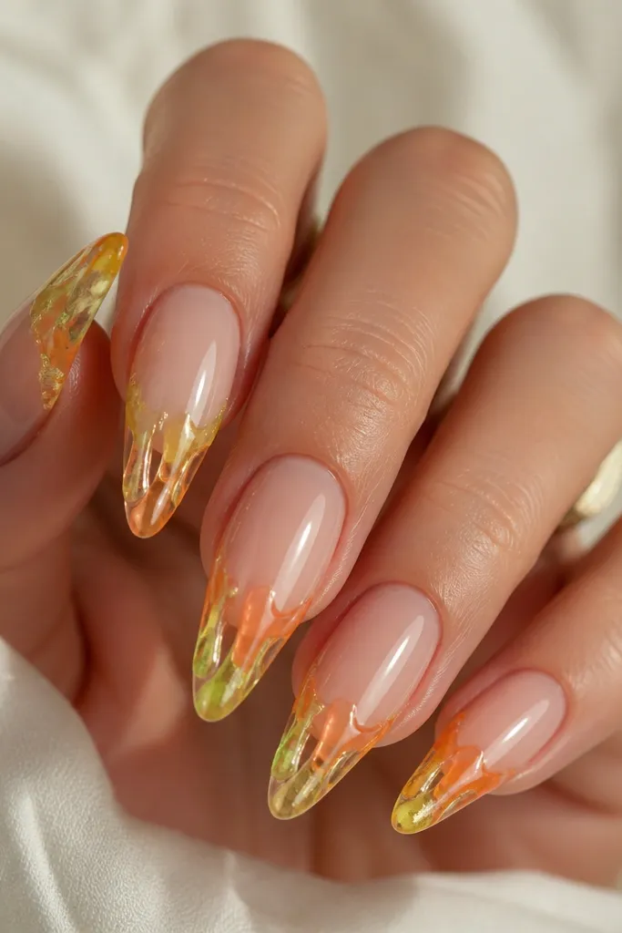 Long almond nails with a sheer nude base, and at the tip a citrus gradient drip effect in lime and orange, with bits of gold leaf trapped in the drips; glossy top coat.