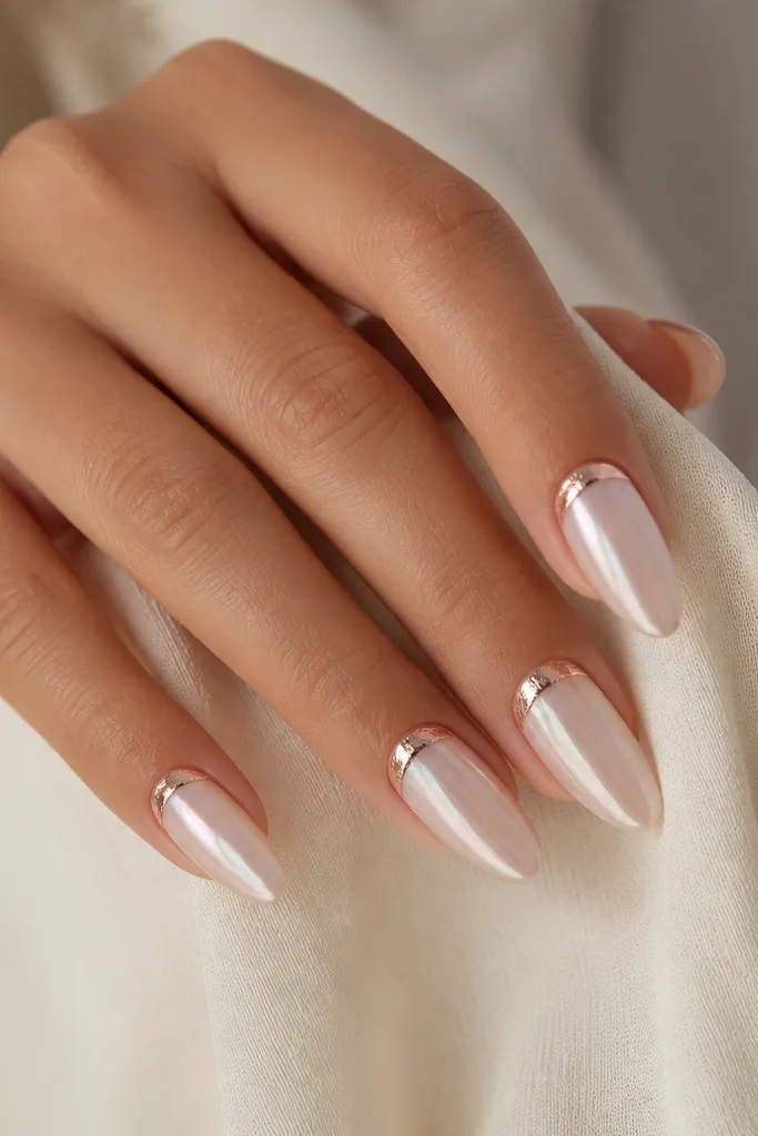 Long almond nails in a pearlized nude base, with rose-gold foil half-moons at the cuticle on each nail; glossy shine, clean almond edges.