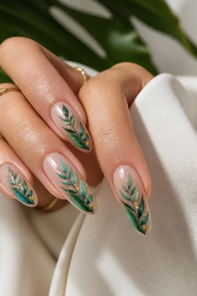 Long almond nails with a clear jelly base, and on each nail a single tropical leaf cluster in green and teal painted along the side, with tiny yellow dots near the vein; glossy top coat.