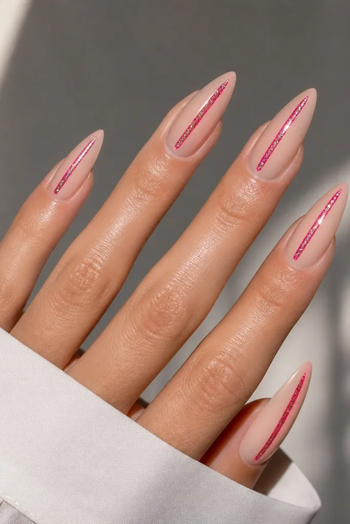 Long almond nails with a sheer nude base, a thin hot pink glitter stripe running down the center of each nail, and a matte nude border around the stripe; glossy over the stripe only.