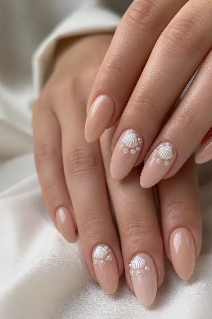 Long almond nails with a nude base and glossy finish, featuring small white 3D seashell pieces placed near the cuticle on two or three accent nails; subtle pearl accents on the shell edges.