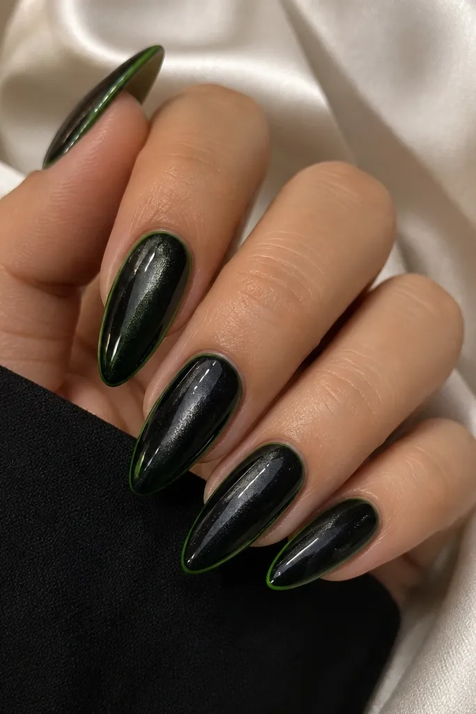 Long almond nails with a black cat-eye gel base, a thin neon green line drawn along the outer edge of each nail, and a glossy finish with a sharp reflective center streak.