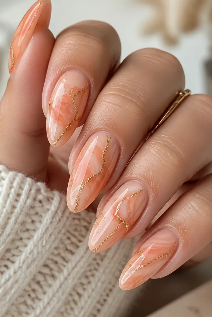 Long almond nails with a peach marble base in soft peach and cream, gold flecks forming thin vein lines, and a glossy finish; swirls are centered with clean almond edges.