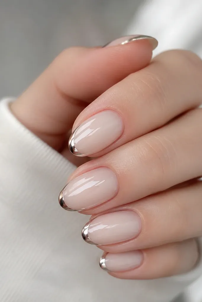 Close-up of short almond nails with a sheer milky nude base. The French tips are a crisp, thin arc in high-shine mirror silver chrome that reflects light like a foil. Cuticles are clean with no flooding, and the nails look glossy and smooth.