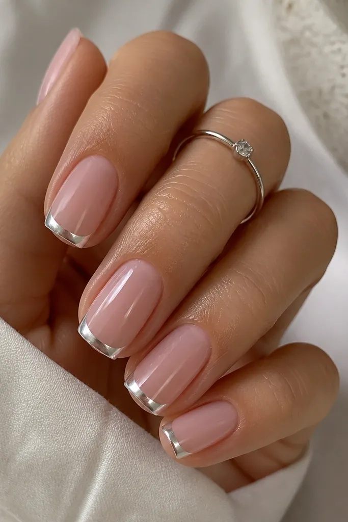 Medium-length square nails with a sheer rosy pink base. The French tips are a super thin silver chrome arc, smaller than a traditional smile line, leaving more nude visible near the sides. The silver looks mirror-bright and sharply separated from the base.