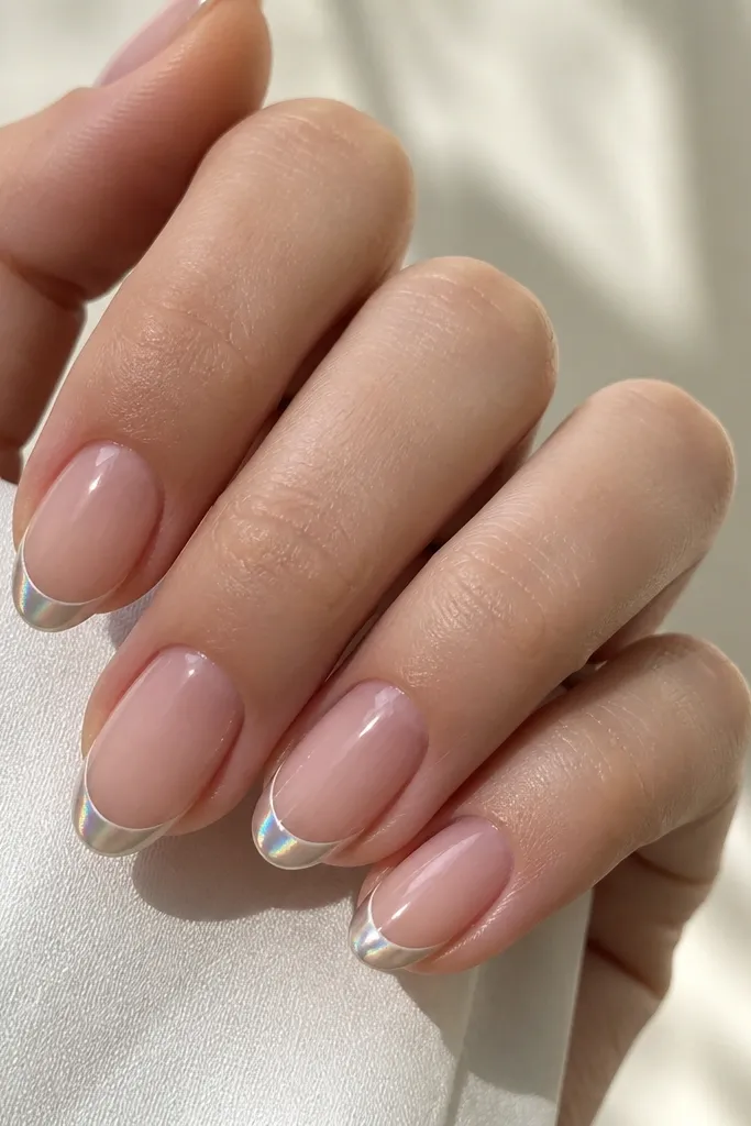 Short almond nails with a nude base. The French tips are not pure silver - they shift between pearl and silver chrome with a soft iridescent sheen. The smile line is crisp and evenly curved.