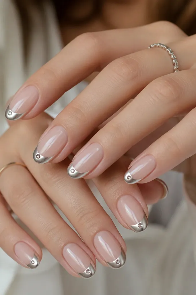 Medium oval nails with a sheer nude base. The French tips are mirror silver chrome with a crisp smile line. At one corner of each tip, there's a single tiny clear rhinestone set like a dot, catching light.