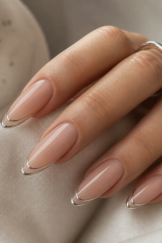 Long almond nails with a nude base. There are two thin silver chrome lines: one at the very edge of the tip and a second slightly above it, leaving a clear negative-space gap between the lines. The chrome is mirror-bright and very crisp.