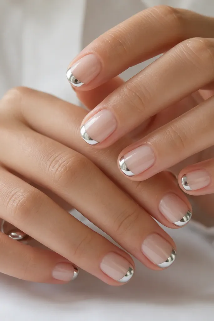 Short square nails with a sheer nude base. The French tip is a half-moon of mirror silver chrome only in the center, leaving the sides nude. The chrome sits like a rounded cap at the free edge.