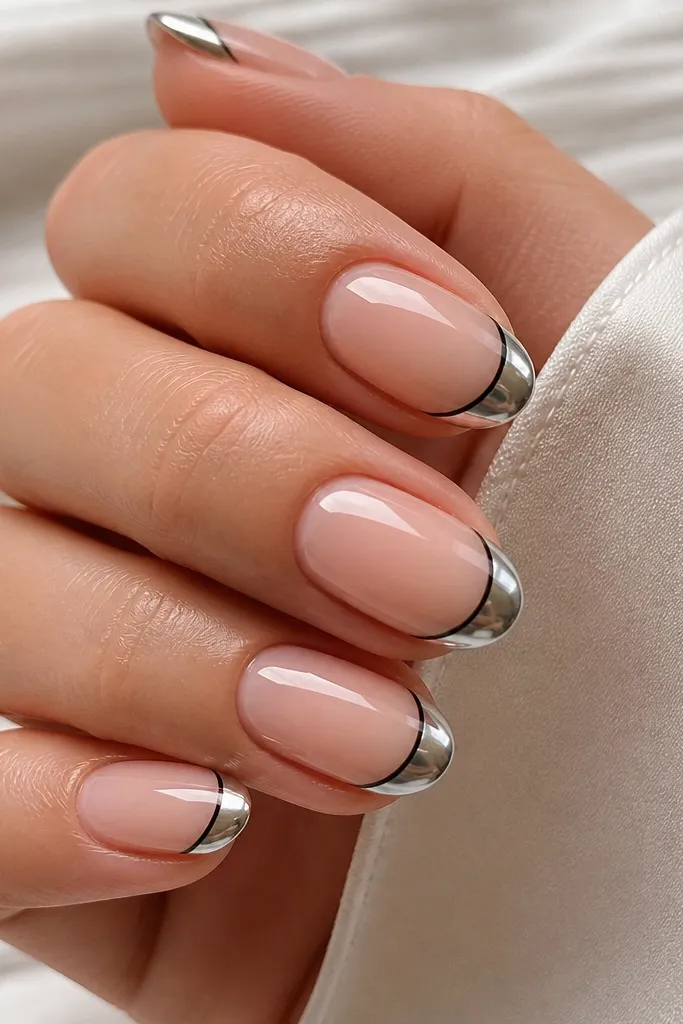Medium oval nails with a sheer nude base. The French tips are mirror silver chrome, and there's a super thin black line running right under the chrome smile, like a pinstripe. The black line is straight and crisp.