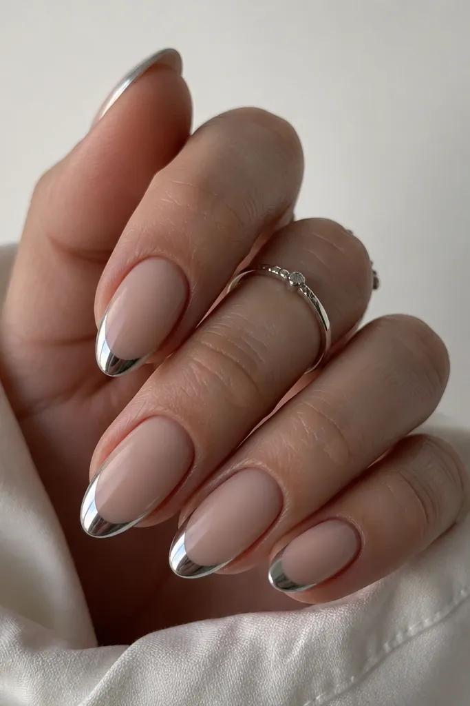 Short almond nails with a nude base that looks satin or slightly matte at first glance. Only the French tip area is ultra-glossy, mirror silver chrome sealed to a high shine. The contrast between satin base and shiny tips is visible.