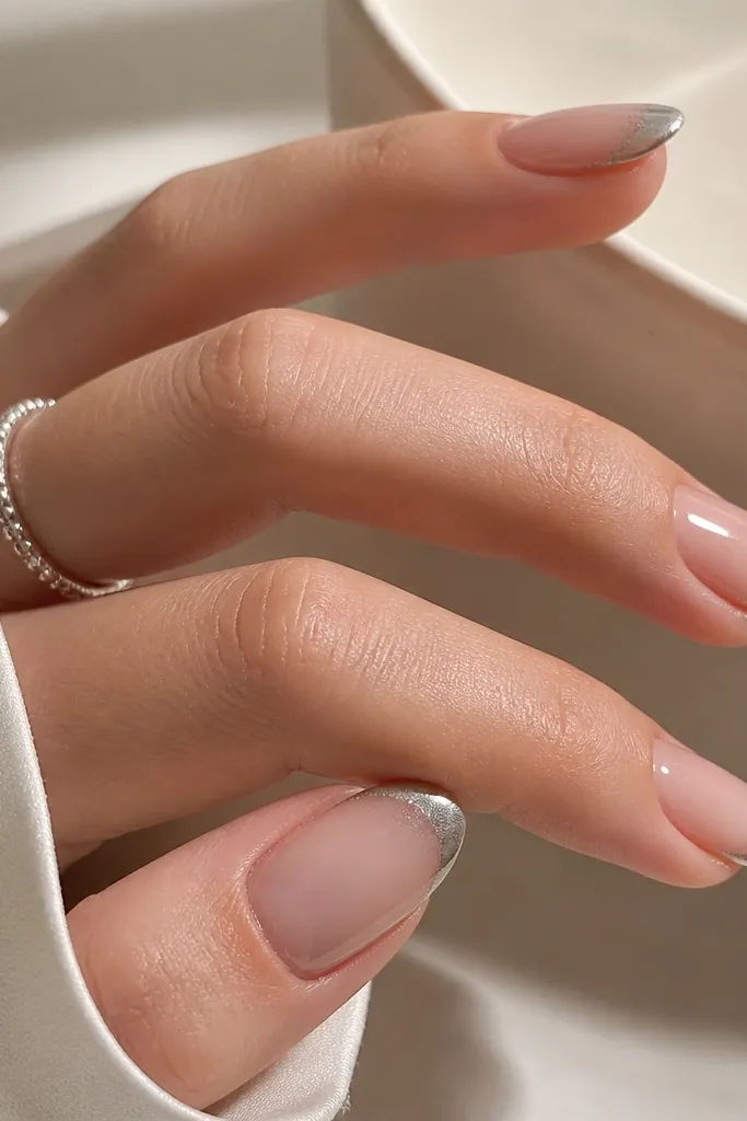 Medium almond nails with a sheer nude base. Mirror silver chrome French tips have a faint dusting of fine holographic micro glitter concentrated at the very edge. The sparkle is subtle, not chunky.