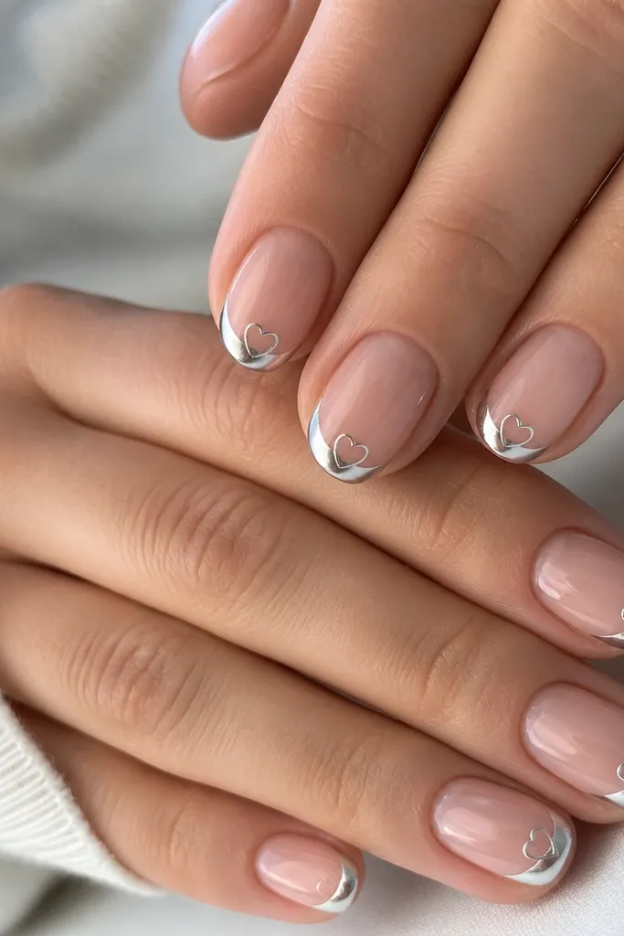 Short oval nails with a sheer nude base. The French tips are mirror silver chrome. In the center of each tip, there's a tiny outline heart in silver or clear gel, very small and glossy.