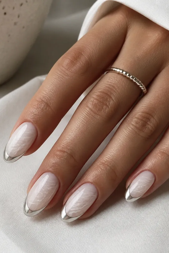 Medium almond nails with a milky white base that has a faint swirl pattern in the lower half. The French tips are mirror silver chrome with a crisp smile line. The swirl is subtle and looks hand-painted.