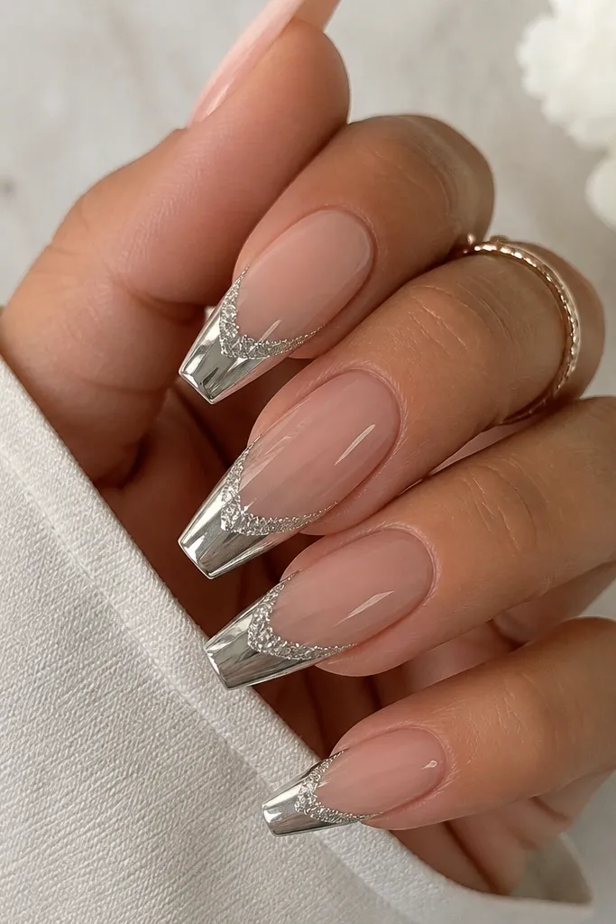 Coffin nails with a sheer nude base. The French tips are mirror silver chrome with a thin strip of irregular silver foil flakes at the very edge. The foil looks like tiny metallic pieces embedded along the tip border.
