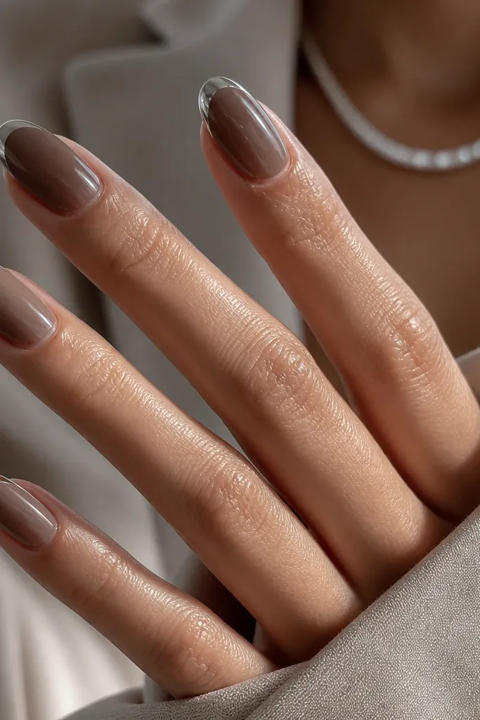 Medium oval nails with a deep nude base that's slightly smoky, like a taupe-nude. The French tips are mirror silver chrome with a crisp smile line. The contrast is strong and the chrome looks bright against the darker base.