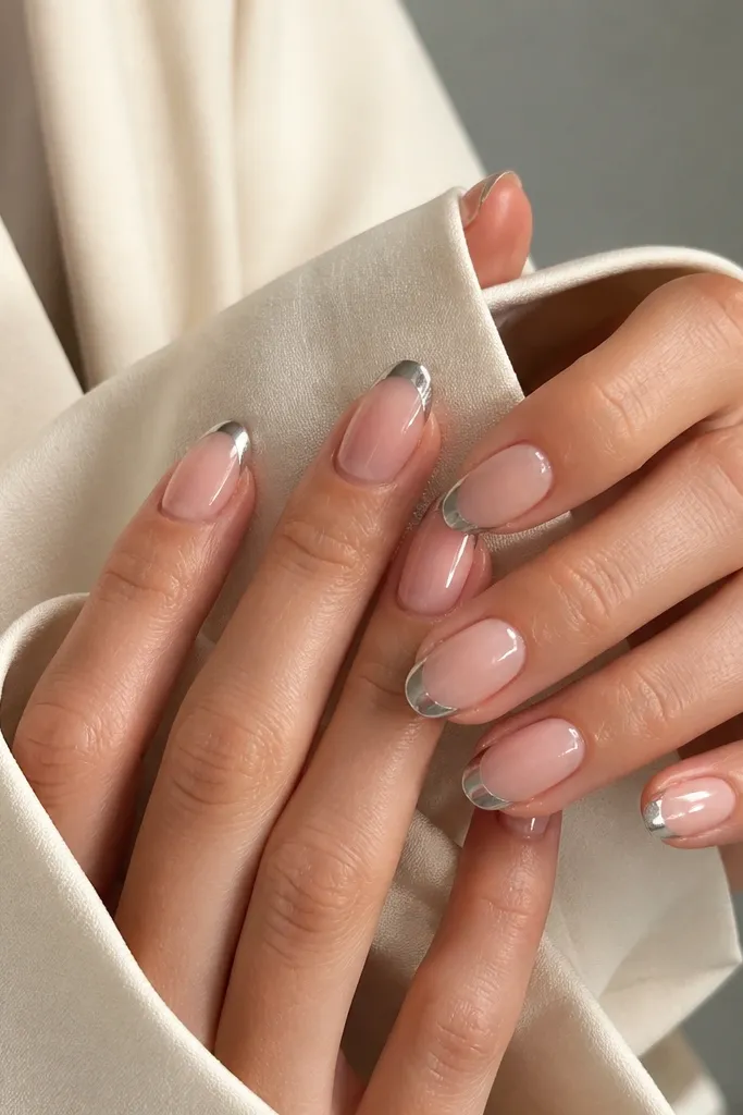 Short almond nails with a sheer nude base. The French tips are mirror silver chrome, and there are two tiny silver side lines near each corner of the smile, like mini brackets. The center of the tip is smooth and glossy.