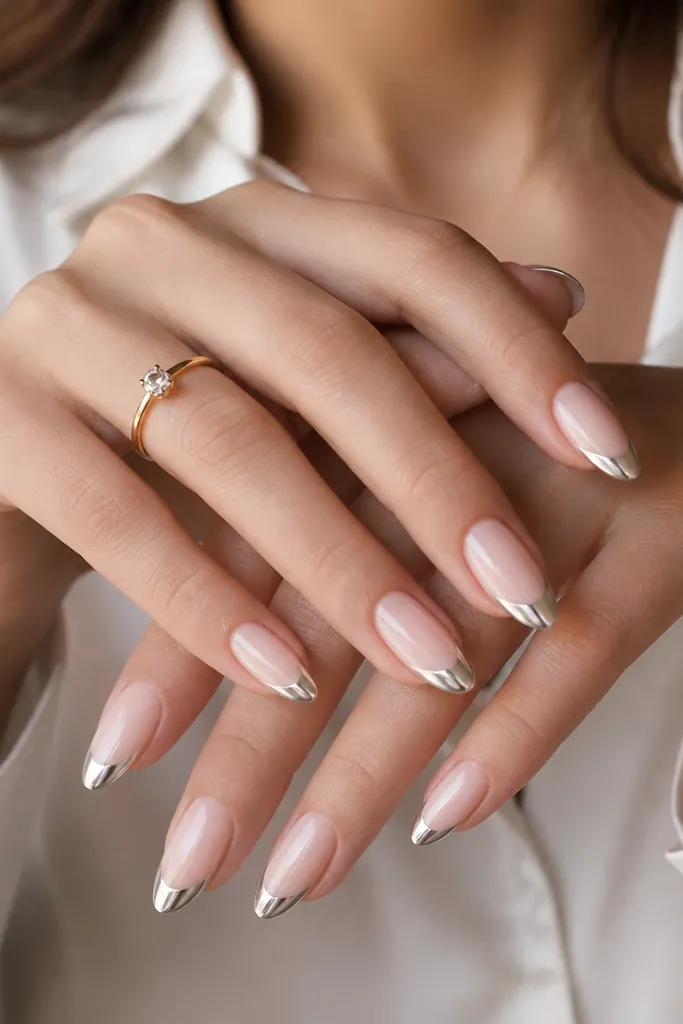 Medium almond nails with a nude ombré base that fades from slightly deeper nude near the cuticle to lighter nude near the free edge. The French tips are mirror silver chrome with a crisp smile line. The ombré looks smooth and blended.