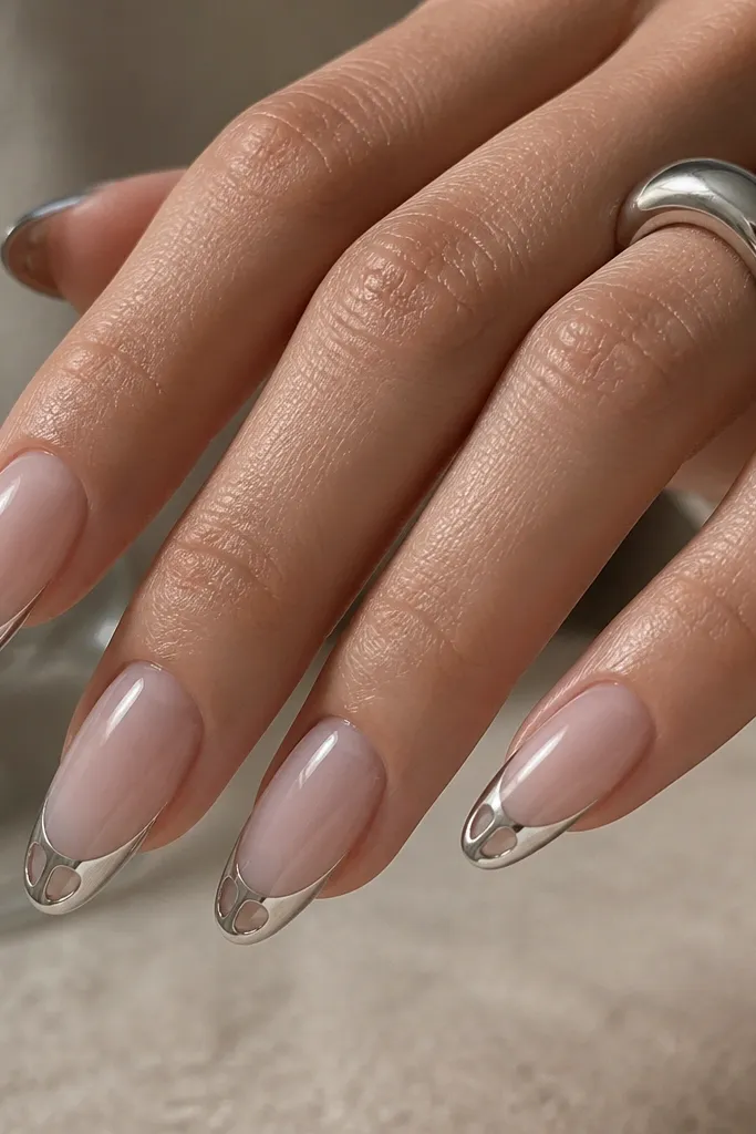 Long oval nails with a sheer nude base. The French tip is mirror silver chrome, but two small clear negative half-moon cutouts appear near the center of the tip, separated by chrome. The smile line remains crisp.