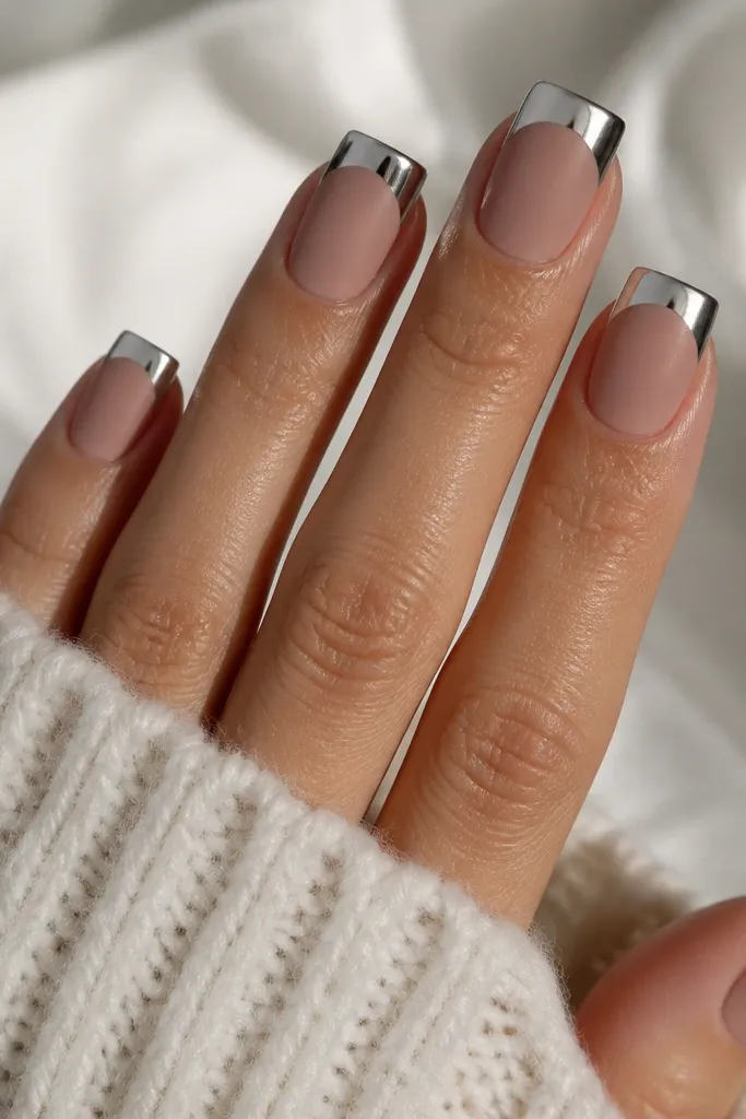 Square nails with a matte nude base. The French tips are mirror silver chrome with a glossy finish, and the matte base stops right at the French line. The contrast between matte and mirror is sharp and clean.