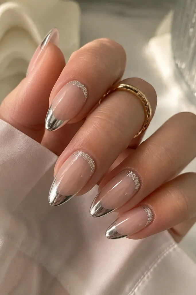 Almond nails with a sheer nude base. The French tips are mirror silver chrome. Around the cuticle, there's a small halo of fine silver glitter concentrated just along the curve, forming a soft sparkle ring.