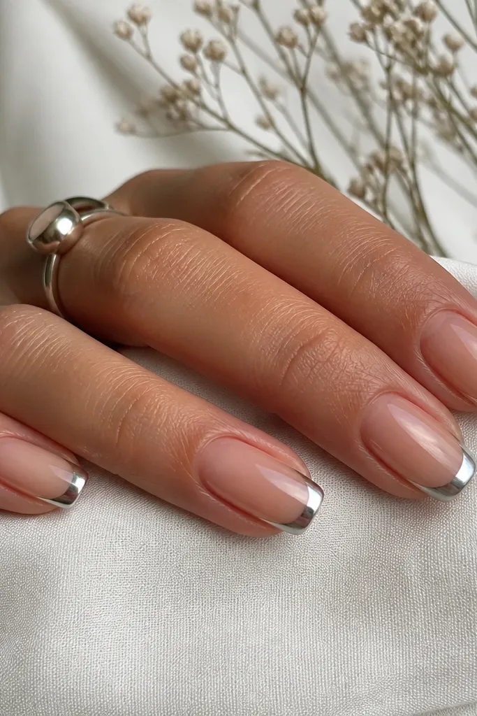 Low maintenance silver chrome French nails