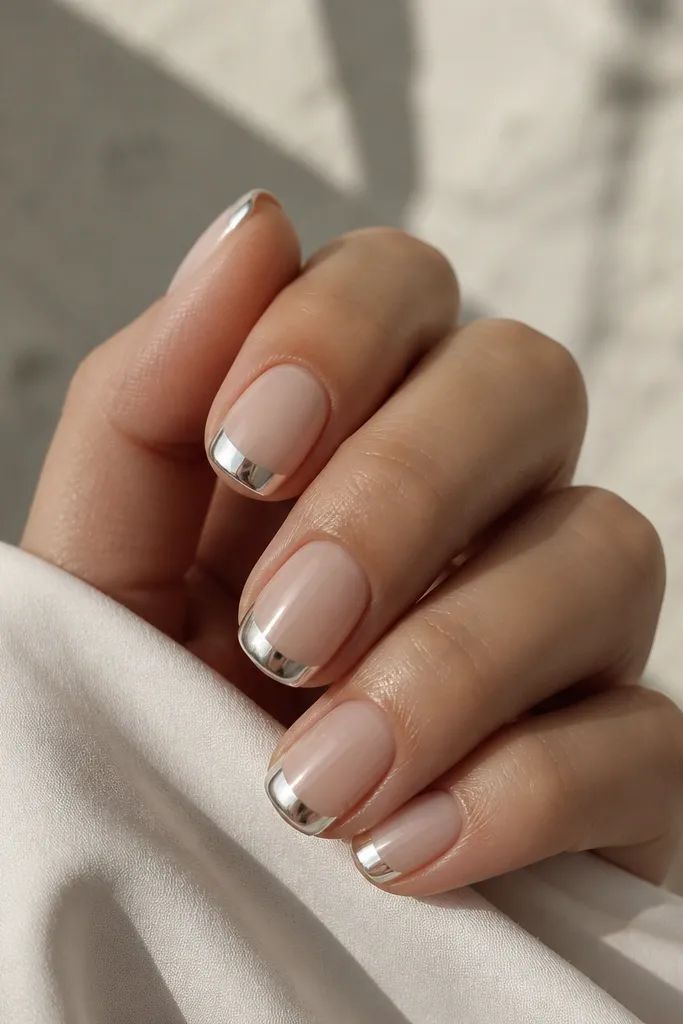 Short, rounded nails with a milky nude base. A very thin white French line sits near the tip edge, then the tip is covered in bright mirror chrome that reflects like a silver mirror.