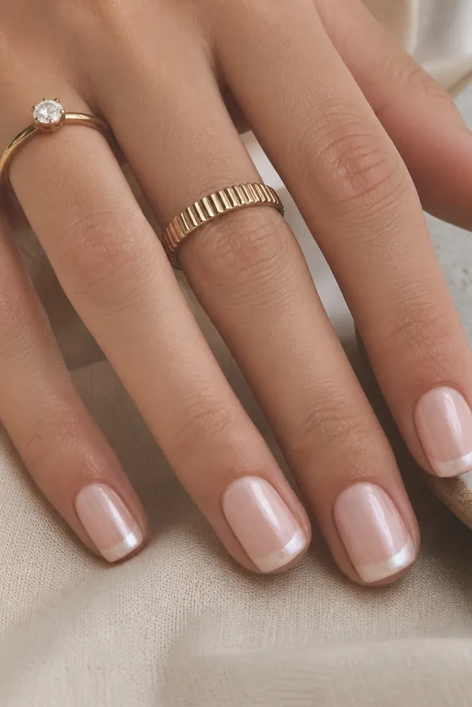 Short square nails with a blush nude base. The French tips have a soft pearl chrome sheen, and the white line is faint, almost blended, rather than stark.