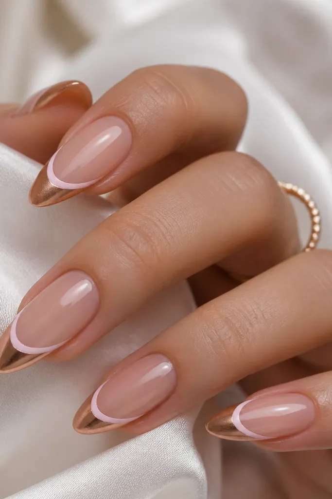 Almond nails with a clear nude base. The French tips are coated in rose gold chrome, with a clean pale pink French line separating base and tip.
