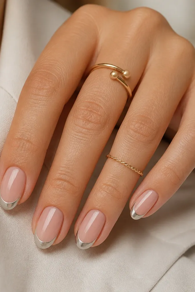Medium oval nails. A nude base covers the nail. At the tip, there is a French line, but the very center of the tip has a half-moon of bare nude, while the sides are silver chrome.