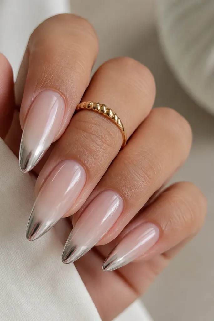 Long almond nails. The base is milky nude. The French tip starts with a soft white gradient near the edge and transitions into bright mirror chrome toward the outer tip.