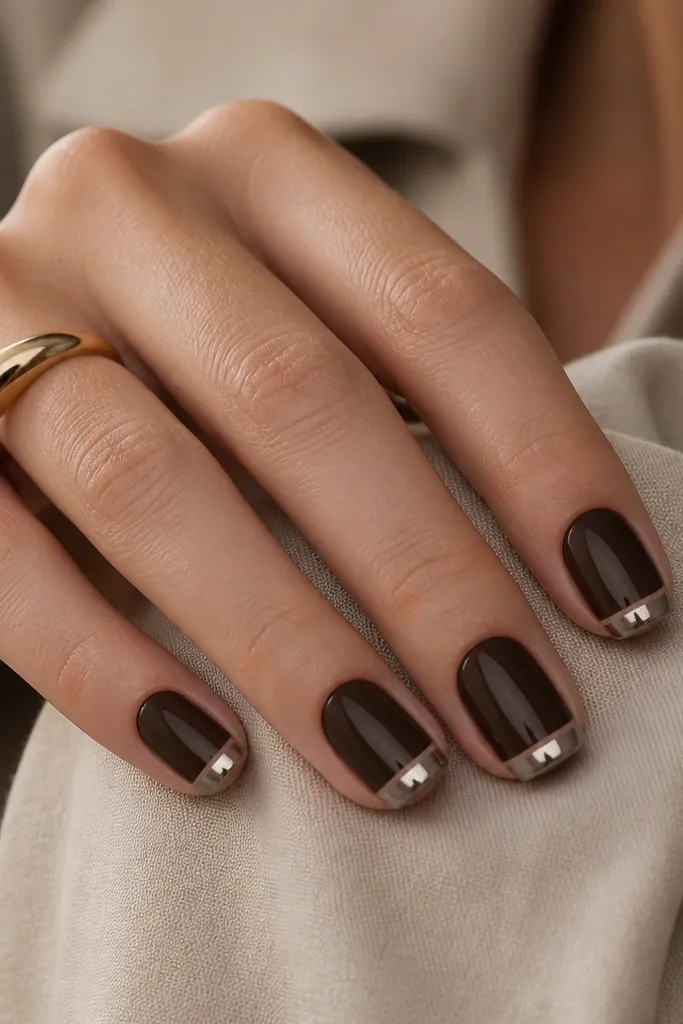 Short squoval nails. Espresso brown base. A warm taupe French line sits at the tip, and the tips are coated in silver chrome that looks slightly warmer than icy silver.