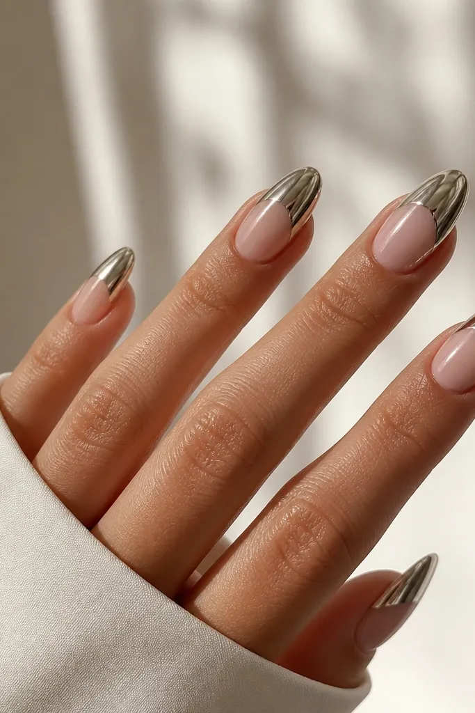 Medium almond nails with a nude base. The French boundary is a thin black line, while almost the entire tip area is covered in full mirror chrome.