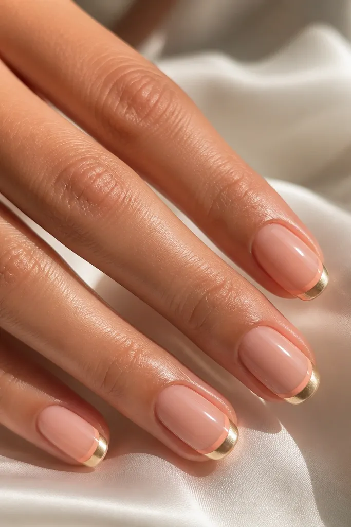 Round nails with a peachy nude base. French tips are coated in gold chrome, separated by a thin peach-pink French line.