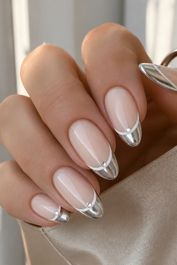 Almond nails with milky nude base. A French line in white sits at the tip, the tips are silver mirror chrome, and each nail has one tiny clear rhinestone near the outer edge of the smile line.