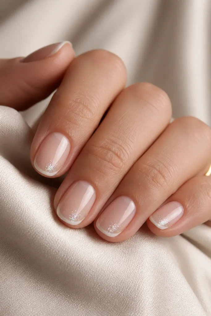 Short oval nails. Nude base. A thin white French line. The chrome tip includes a faint micro glitter fade that looks like sparkle dust near the free edge.