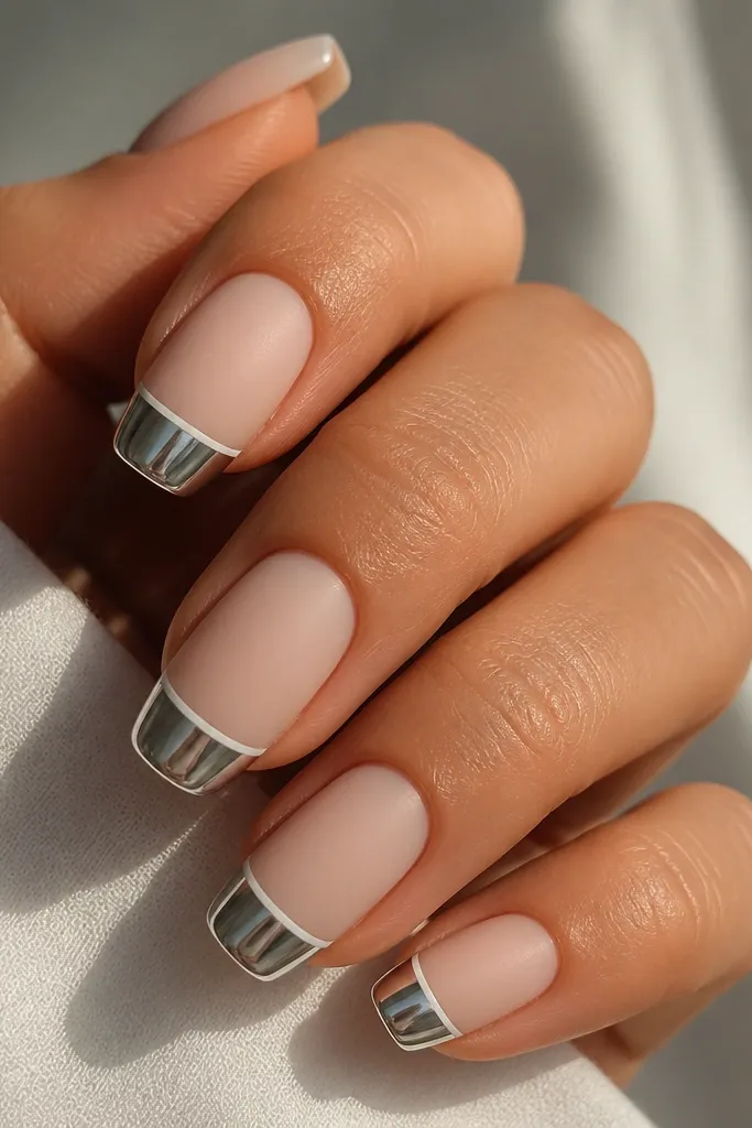 Slightly long squoval nails with a matte nude base. The French tips are mirror chrome silver and look ultra glossy, separated by a crisp thin white line.