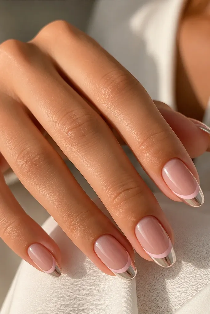 Medium oval nails. Soft pink French line near the tips. The tip has platinum chrome only in the center, with the sides left as sheer nude.